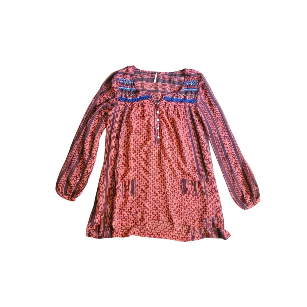 Free People Boho Sheer Tunic Top M Pockets Embellished Festival Peasant Blouse